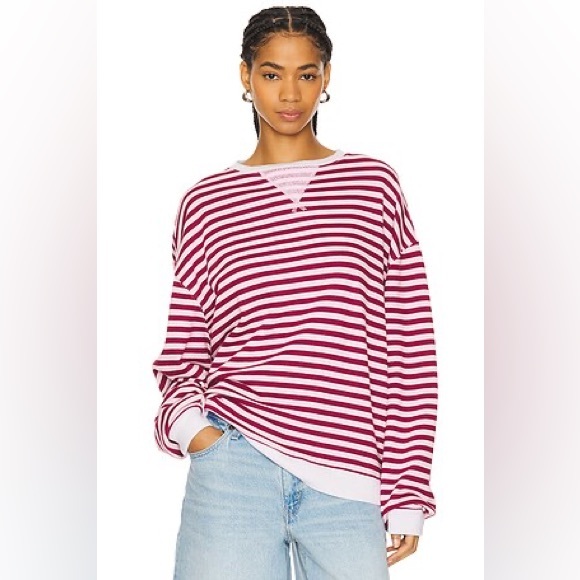 We The Free NWOT Free People Classic Striped Oversized Crewneck Sz XL PTP 29” - Picture 2 of 12